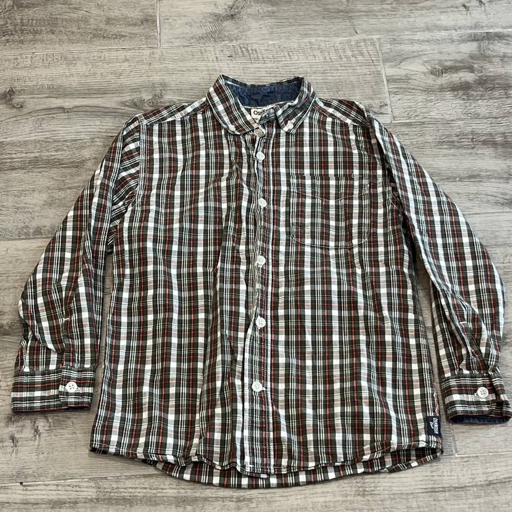 Oshkosh B'Gosh Boys Size 7 Green Orange Plaid Button Up Shirt Long Sleeve
